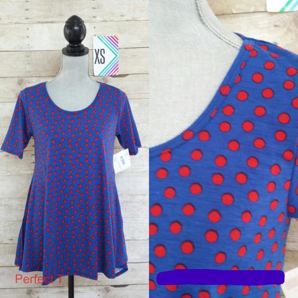 LuLaRoe Perfect T XS NWT - Blue with Red Polka Dots - Picture 1 of 1